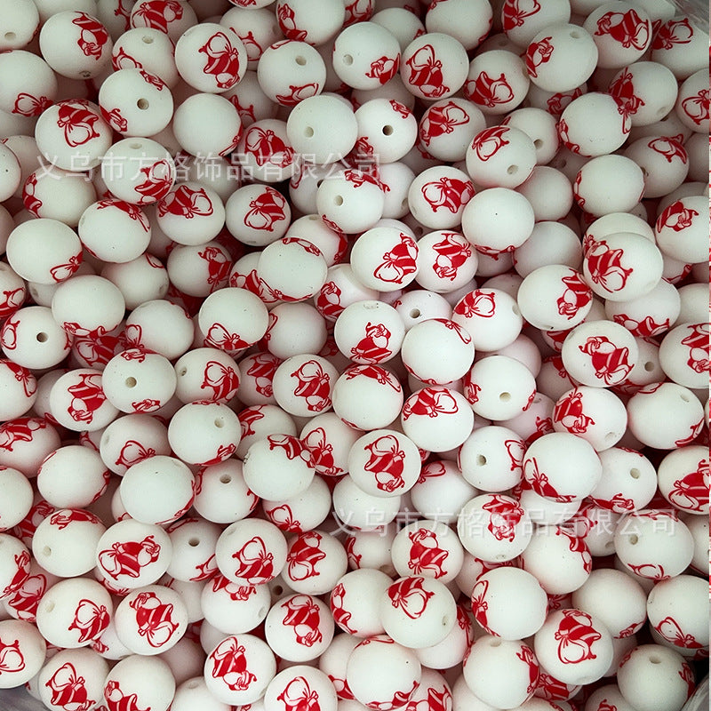 Wholesale 50pcs DIY Christmas Snowman Christmas Tree Printing 15mm Silicone Beads